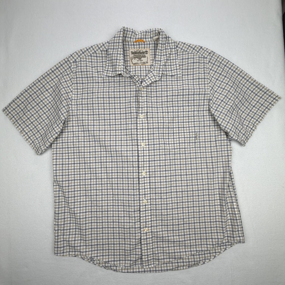 Timberland Stratham Issue Mens XL Blue Tan Plaid Cotton Short Sleeve Shirt